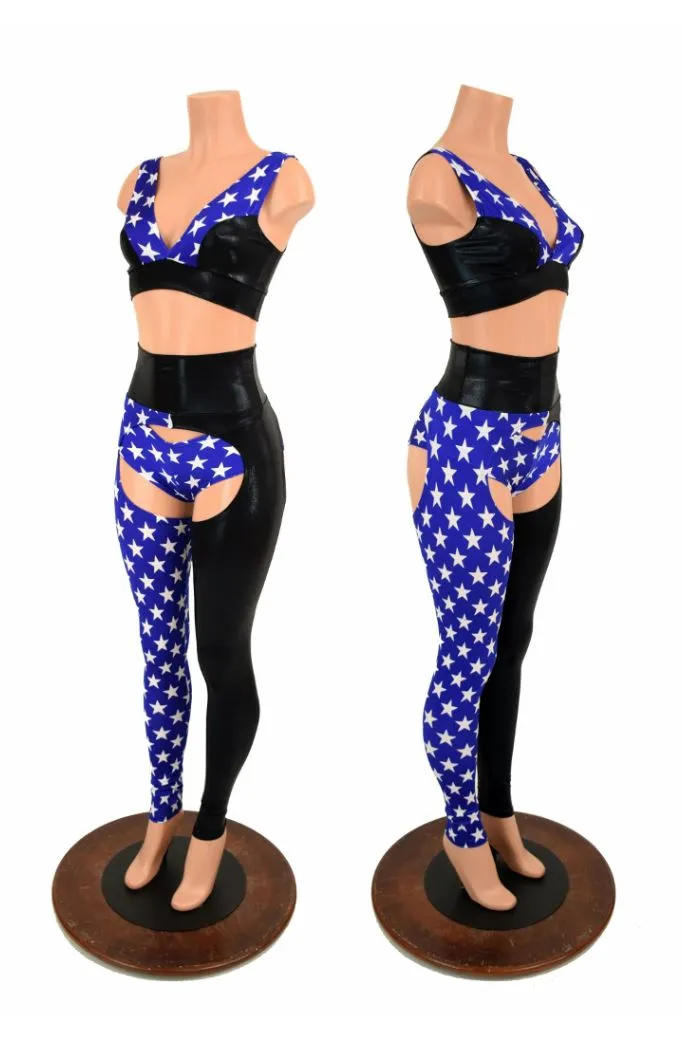 3PC Black & Blue and White Star Chaps Set