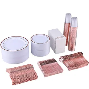 700 Piece Rose Gold Dinnerware Set-200 Gold Plastic Plates-300 Rose Gold Plastic Silverware-100 Rose Gold Plastic Cups-100 Disposable Hand Towel-Disposable Dinnerware for Halloween, Thanksgiving.