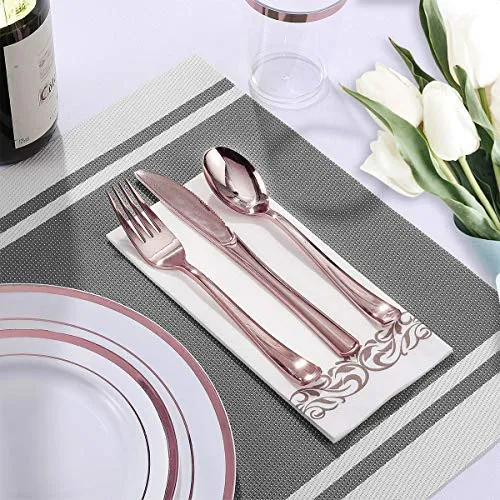 700 Piece Rose Gold Dinnerware Set-200 Gold Plastic Plates-300 Rose Gold Plastic Silverware-100 Rose Gold Plastic Cups-100 Disposable Hand Towel-Disposable Dinnerware for Halloween, Thanksgiving.