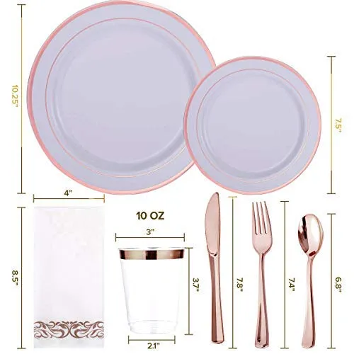 700 Piece Rose Gold Dinnerware Set-200 Gold Plastic Plates-300 Rose Gold Plastic Silverware-100 Rose Gold Plastic Cups-100 Disposable Hand Towel-Disposable Dinnerware for Halloween, Thanksgiving.