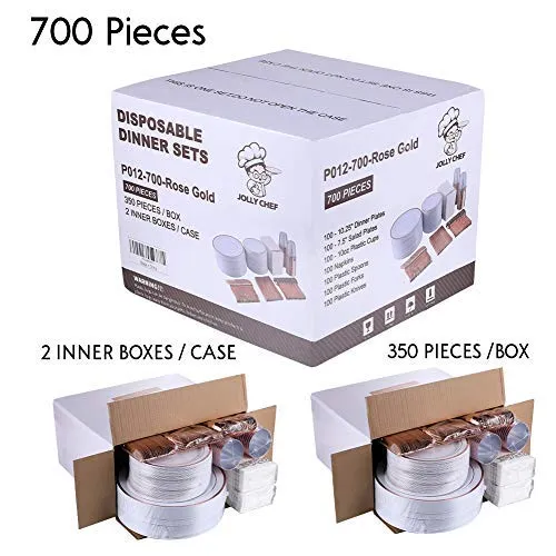 700 Piece Rose Gold Dinnerware Set-200 Gold Plastic Plates-300 Rose Gold Plastic Silverware-100 Rose Gold Plastic Cups-100 Disposable Hand Towel-Disposable Dinnerware for Halloween, Thanksgiving.