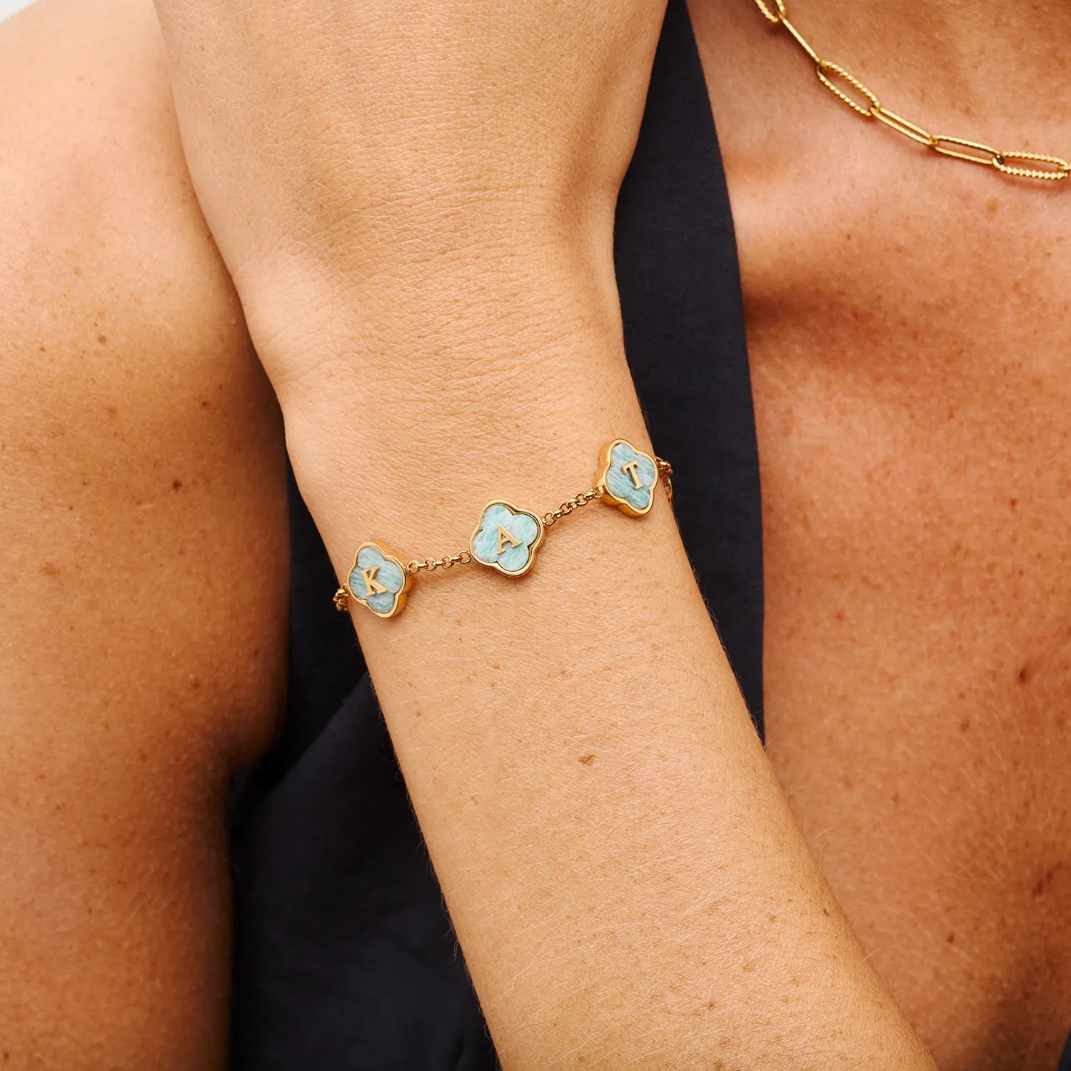 Amazonite Clover Custom Name Bracelet (Gold)