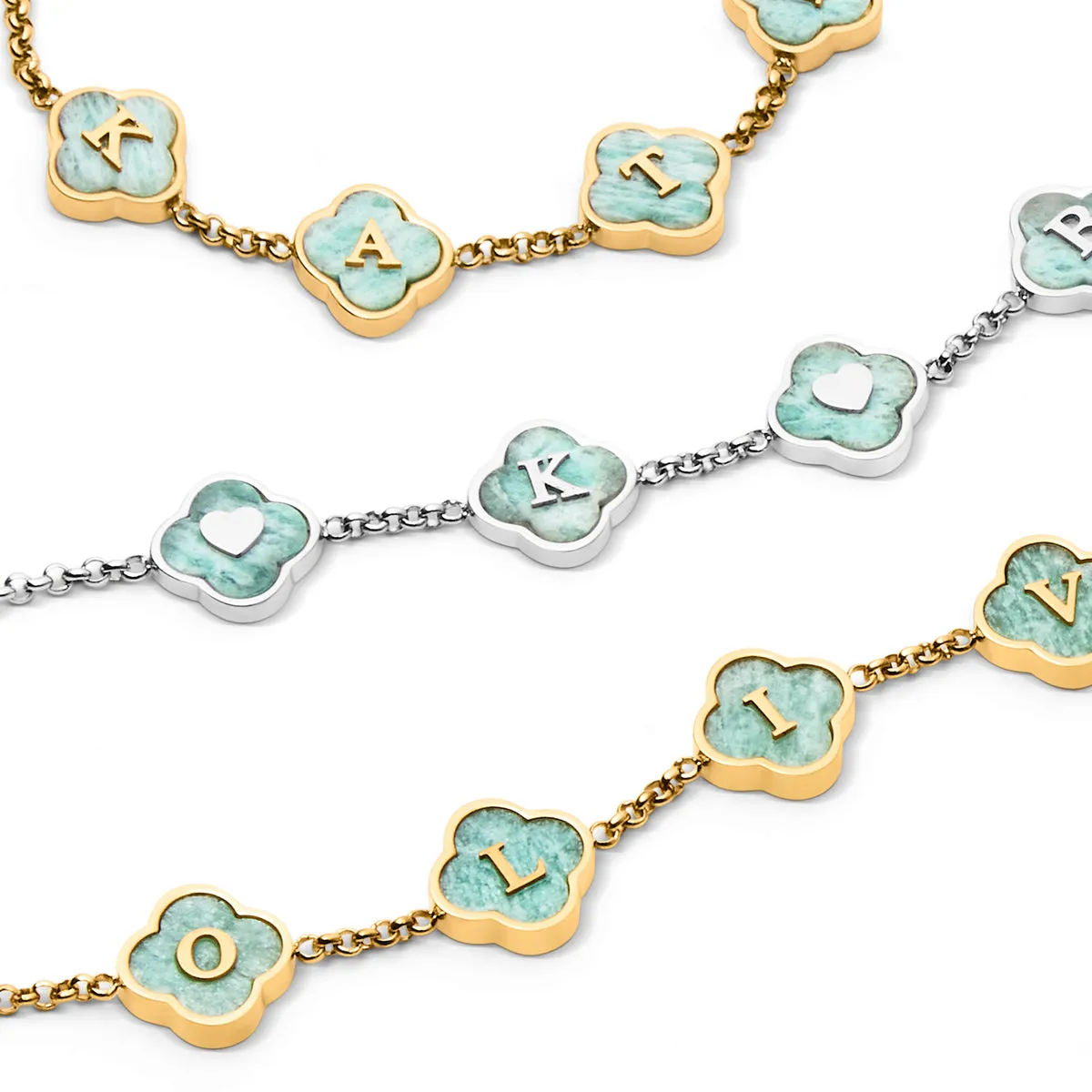 Amazonite Clover Custom Name Bracelet (Gold)