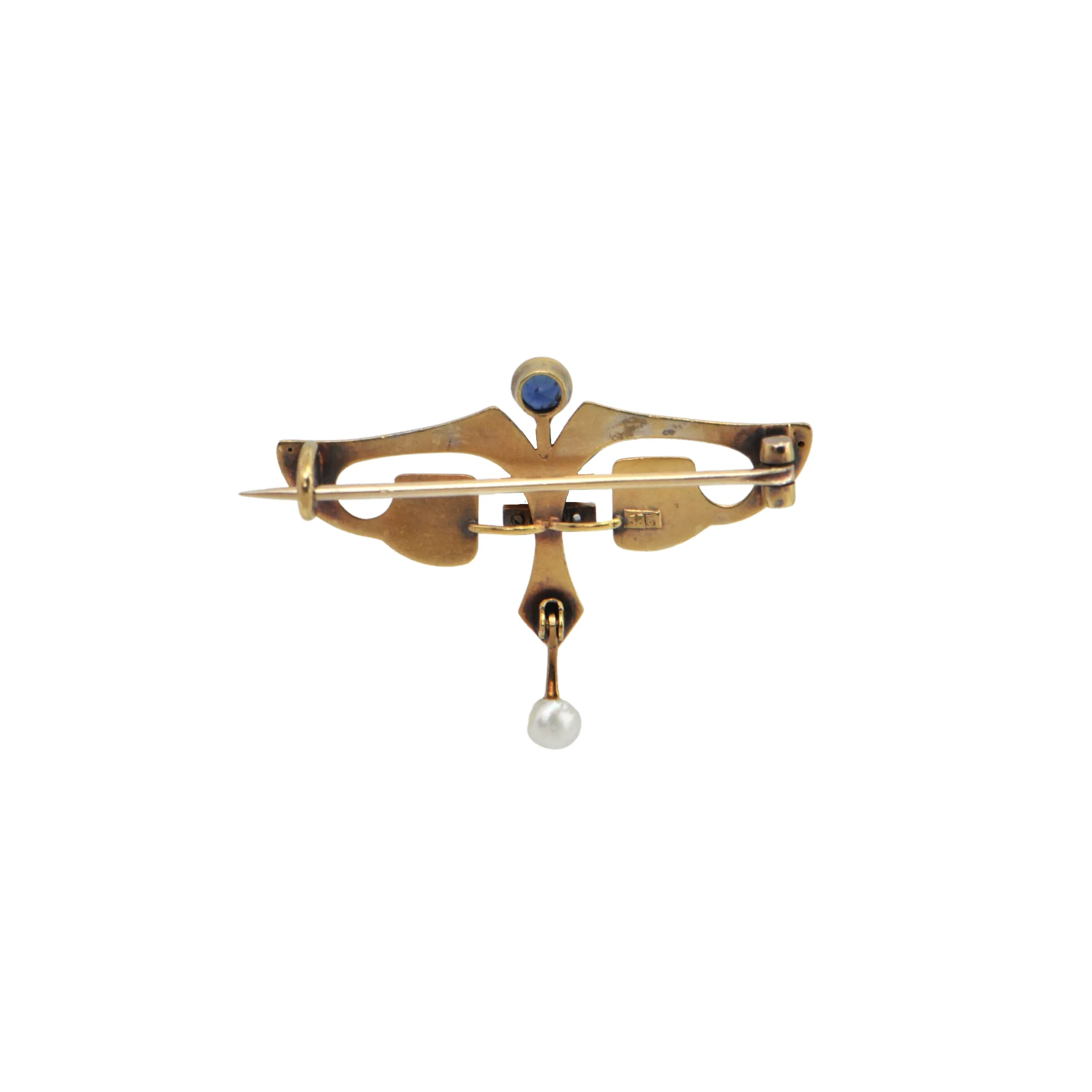 Antique Egyptian Revival Sapphire and Pearl 14k Gold Brooch