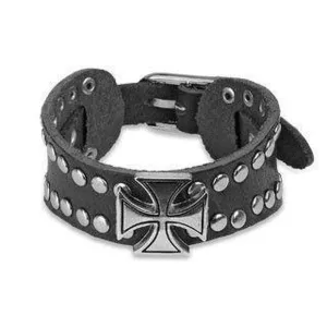 Black Leather and Steel Bracelet With Iron Cross and Studs