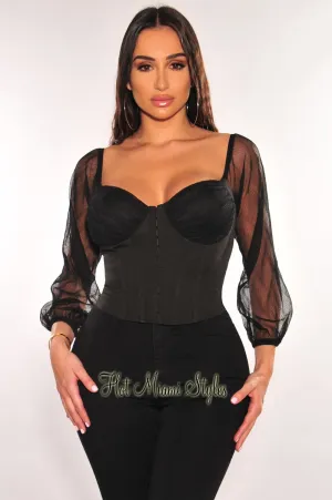 Black Mesh Padded Long Sleeve Bustier Crop Top