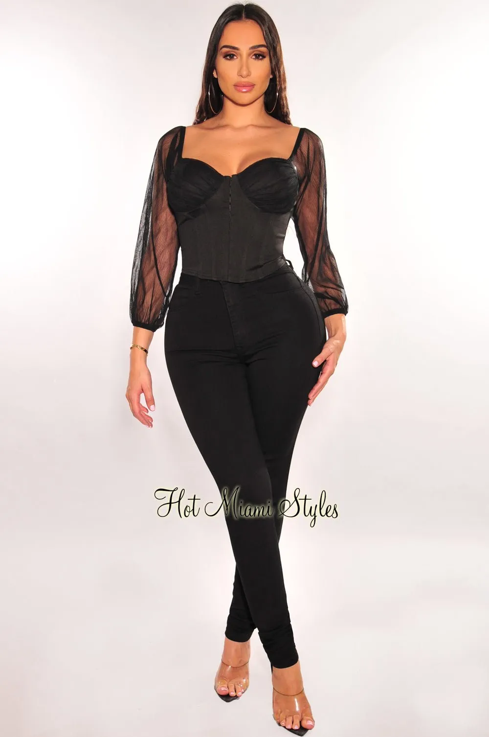 Black Mesh Padded Long Sleeve Bustier Crop Top