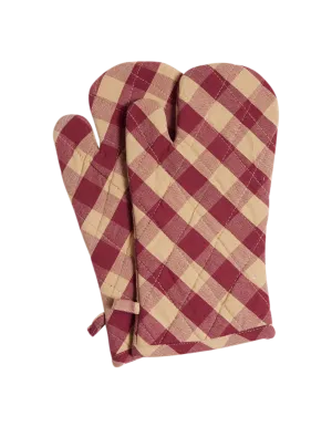 Burgundy Check Oven Mitten Pair