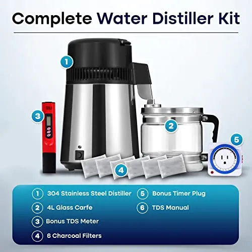 Countertop Water Distiller Machine- Stainless Steel Distilled Water Maker- Water Distillers for Home Countertop- 4L Complete Distilled Water Machine Kit w/Outlet Timer, TDS Meter & 6 Filters