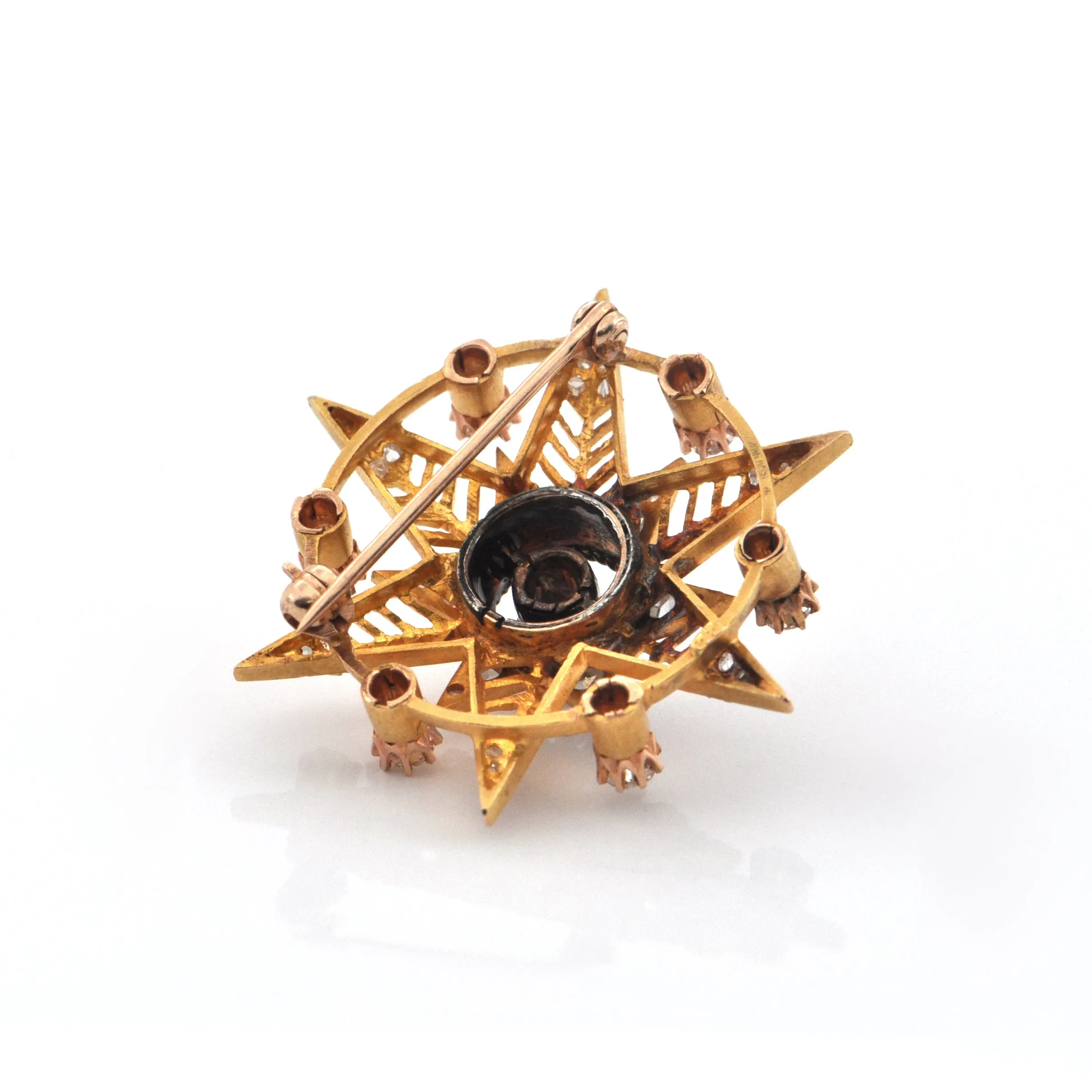 Double Six Pointed Star 1.40CT Diamond and 18K Yellow Gold Brooch C.1880