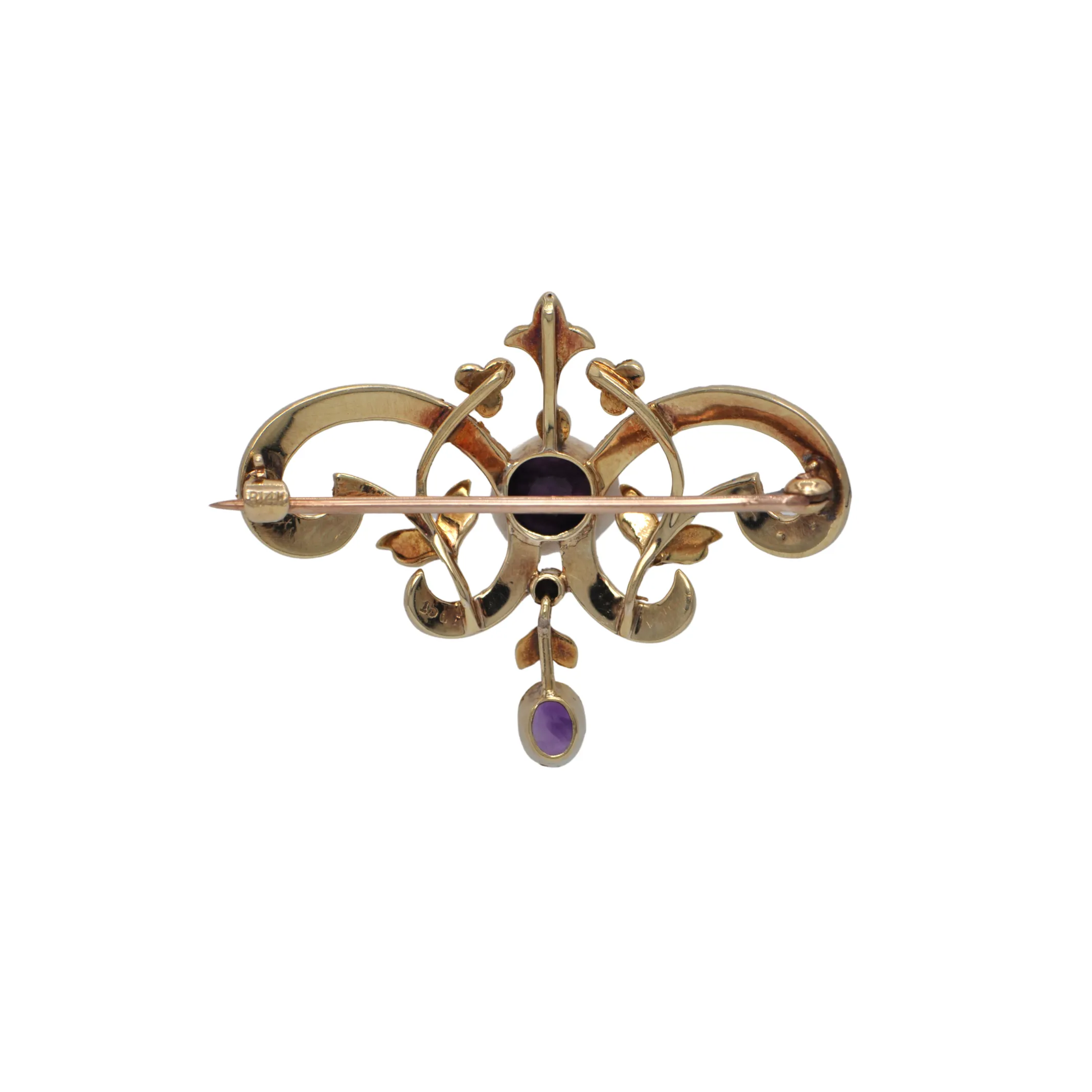 Edwardian English Amethyst and Seed Pearl 15K Gold Brooch