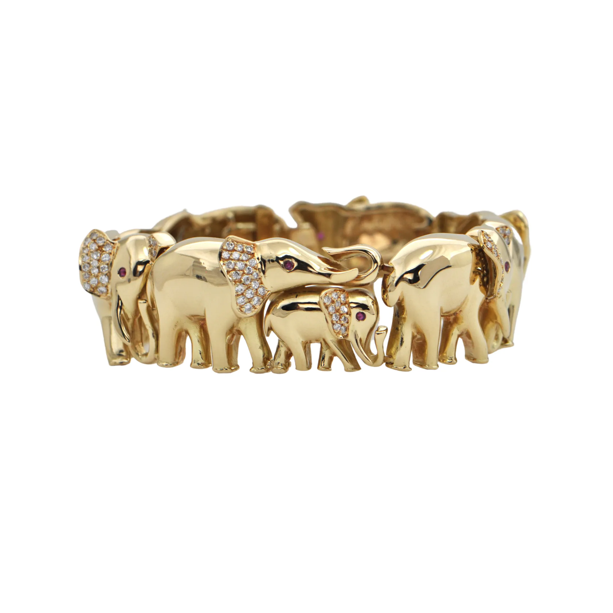 Estate Diamond and Ruby 18K Gold Elephant Link Bracelet