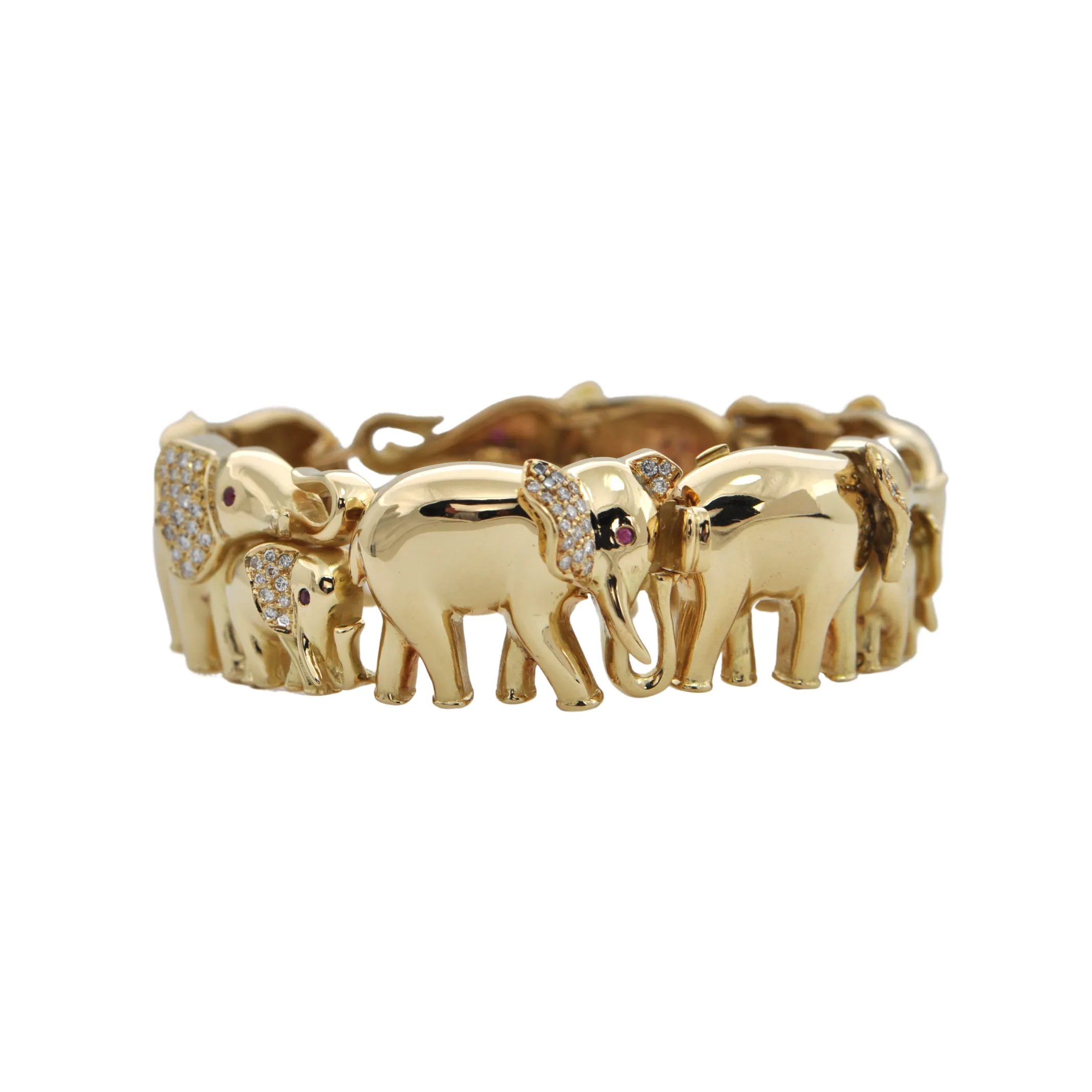 Estate Diamond and Ruby 18K Gold Elephant Link Bracelet