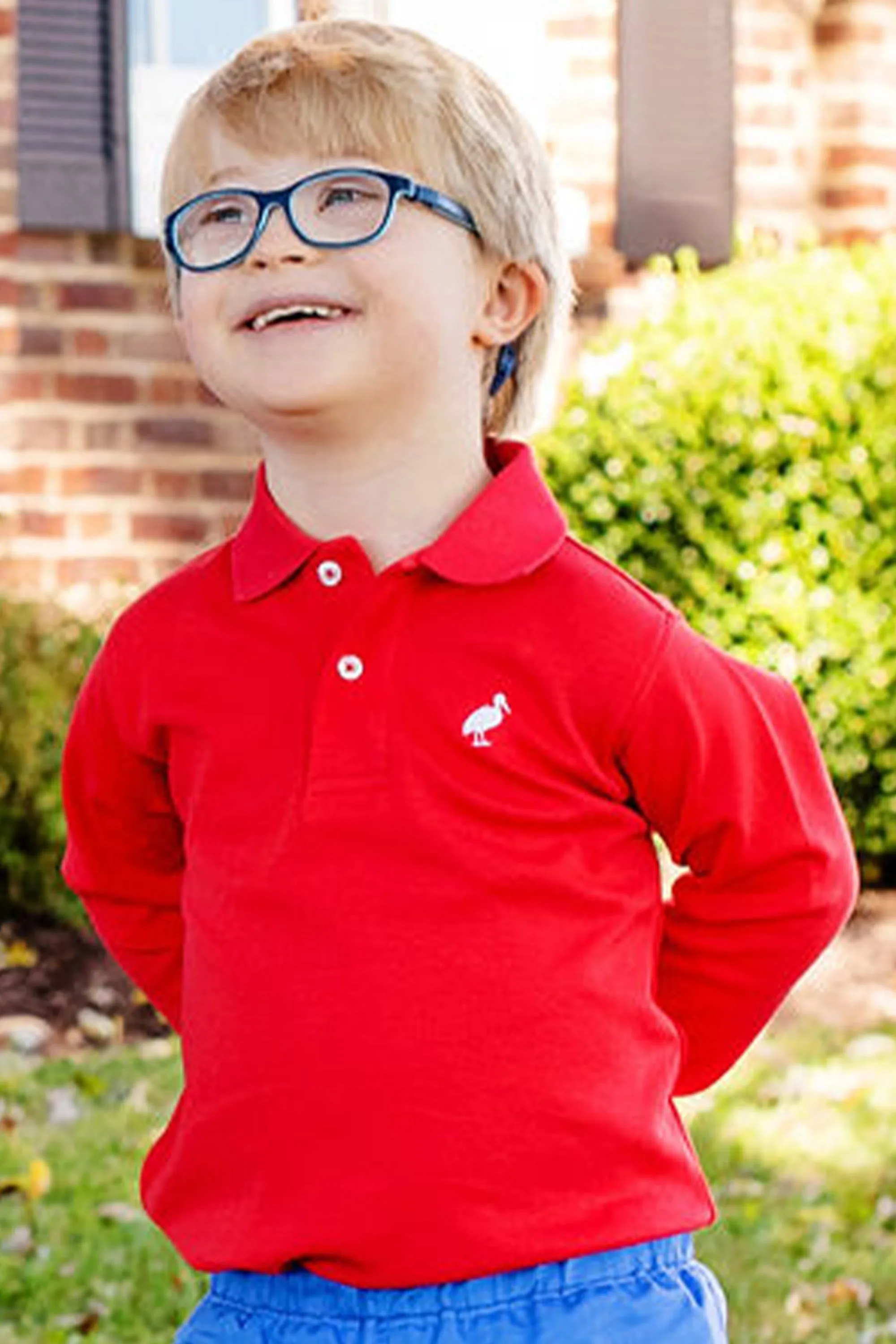 Long Sleeve Prim & Proper Polo & Onesie - Richmond Red with Worth Avenue White Stork