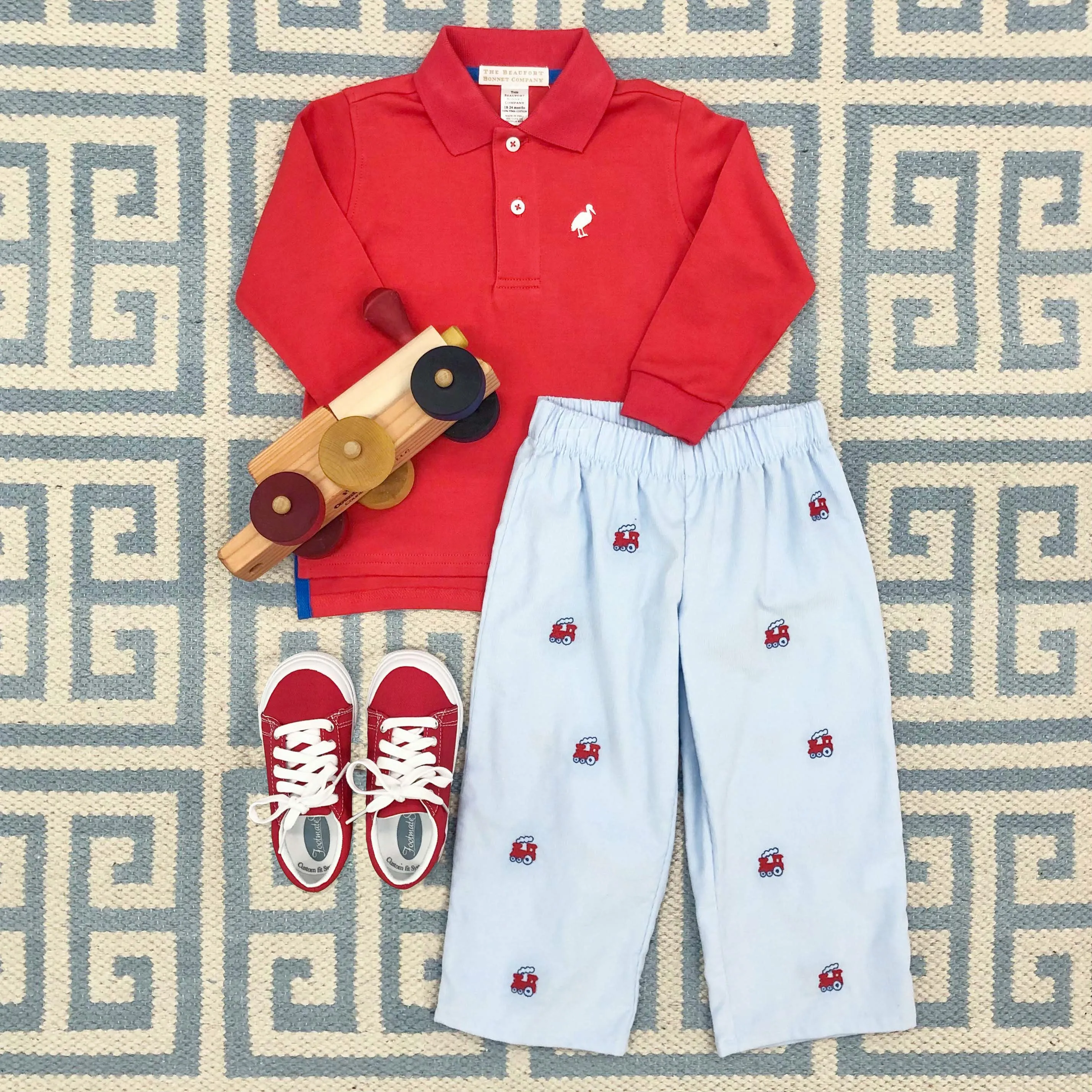 Long Sleeve Prim & Proper Polo & Onesie - Richmond Red with Worth Avenue White Stork