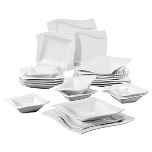 MALACASA Ivory White Dinner Sets, 24-Piece Porcelain Dishes Dinnerware Set, Serving Plates with Dinner Plates, Dessert Plates, Soup Plates and Cereal Bowls, Service for 6, Series Amparo