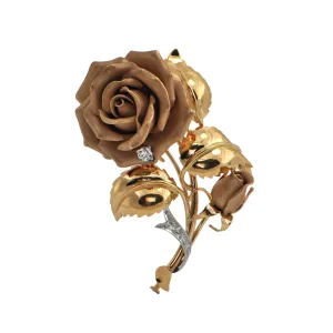 Mid-Century 18K Gold Diamond Rose Brooch