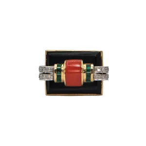 Mid-Century Diamond, Emerald, Coral and Onyx 18K Gold Ring