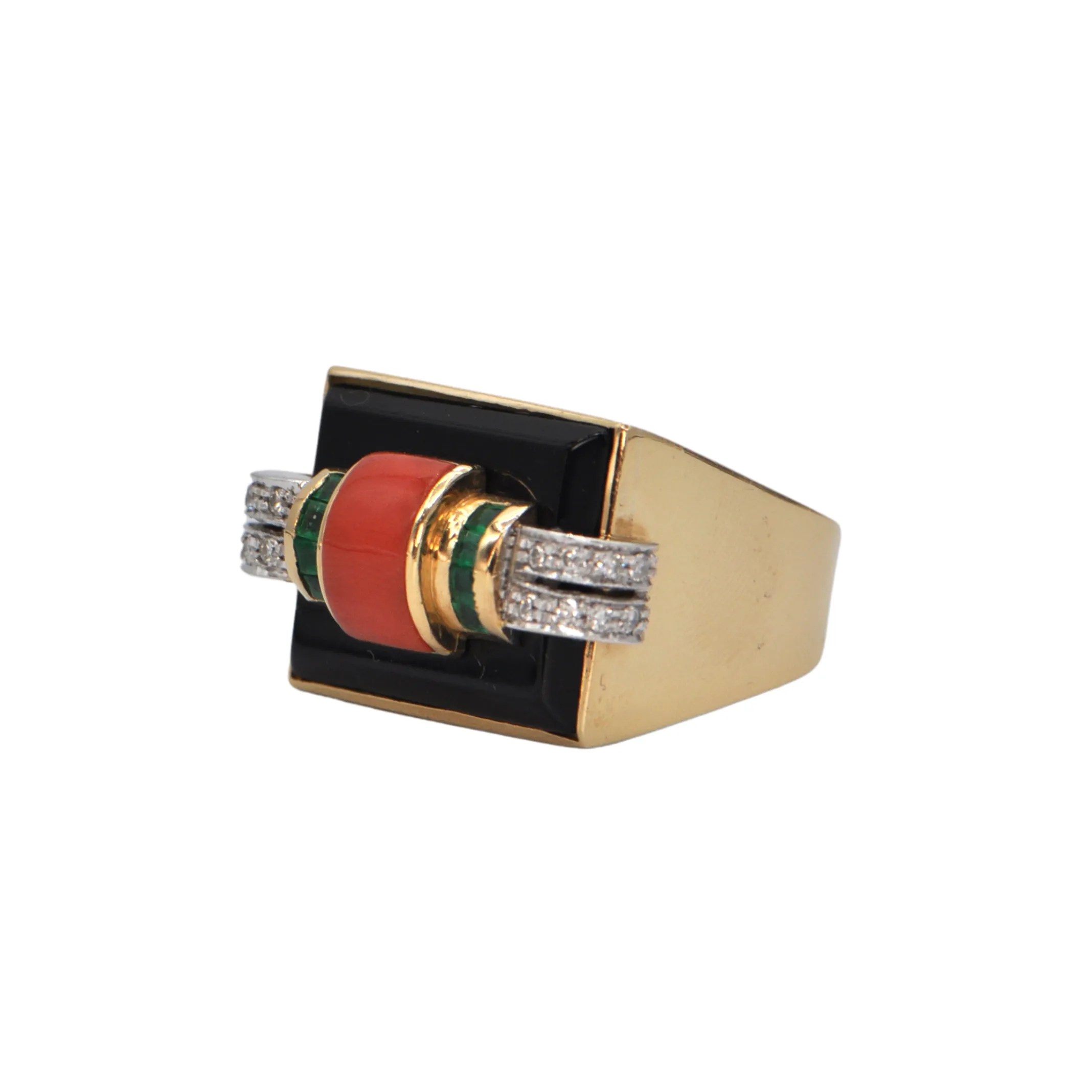 Mid-Century Diamond, Emerald, Coral and Onyx 18K Gold Ring