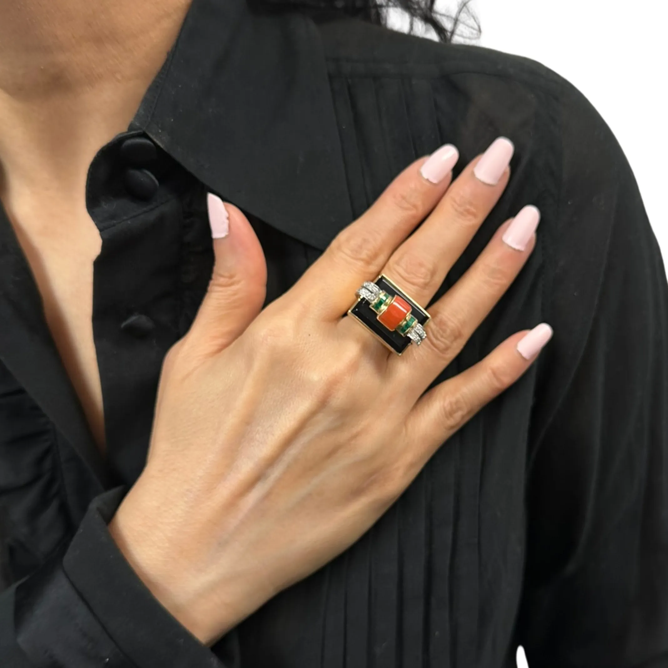 Mid-Century Diamond, Emerald, Coral and Onyx 18K Gold Ring