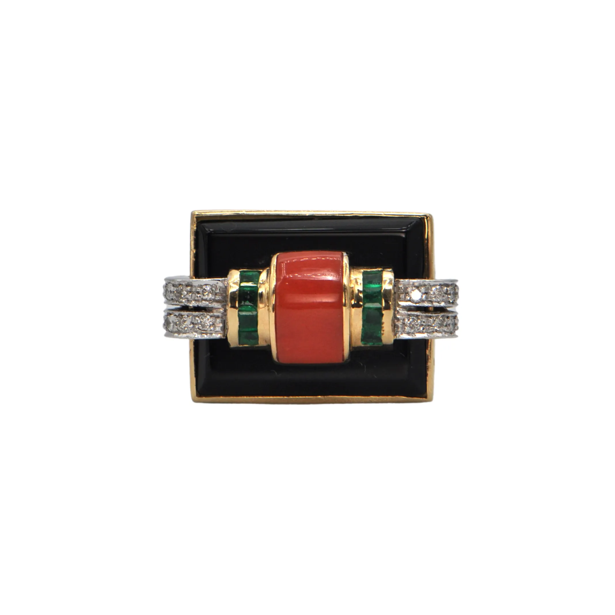 Mid-Century Diamond, Emerald, Coral and Onyx 18K Gold Ring