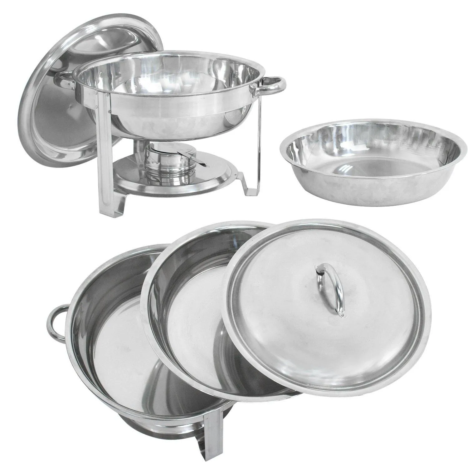 ZENY™ Pack of 2 Round Chafing Dish Full Size 5 Quart Stainless Steel Deep Pans Chafer Dish Set  w/Fuel Holder